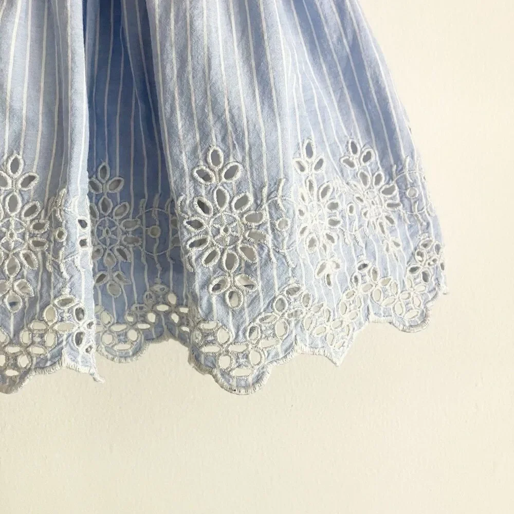 babyGap Eyelet Dress Baby Girl Size 6-12M Blue Striped Scalloped 100% Cotton